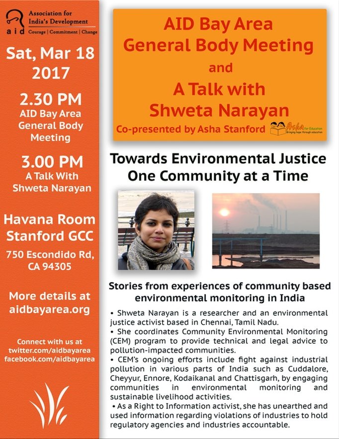 Towards Environmental Justice, a talk by Shweta Narayan following AID Bay Area General Body Meeting at Havana Room, Stanford University on Saturday, March 18 at 2:30PM